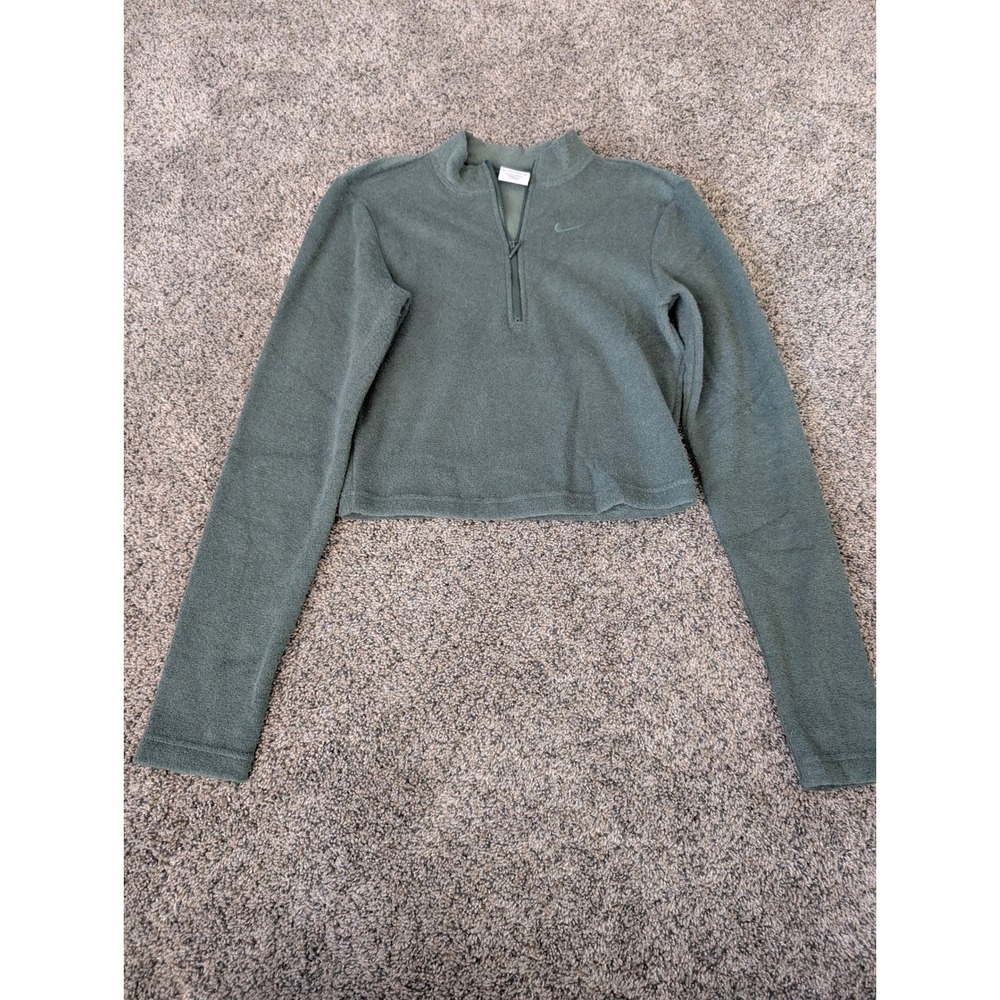 Nike Womens Quarter‎ Zip Fleece Pullover Cropped Sage Green XS Mock Neck Swoosh